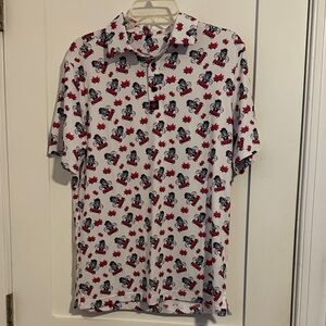 White Short-Sleeve Polo Shirt with Red & Black Graphic Print